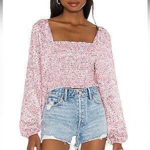 RESA Floral Smocked Long Bishop Sleeve Top – Size XS — Pink Flower Crop Blouse
